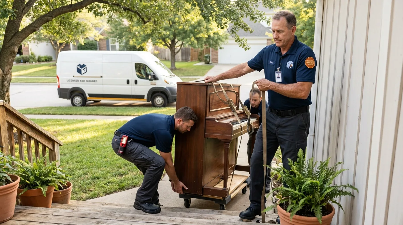 Licensed piano movers securing grand piano in Pontotoc, MS