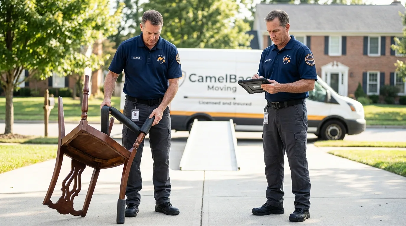 Movers inspecting furniture for damage prevention before loading in Pontotoc, MS