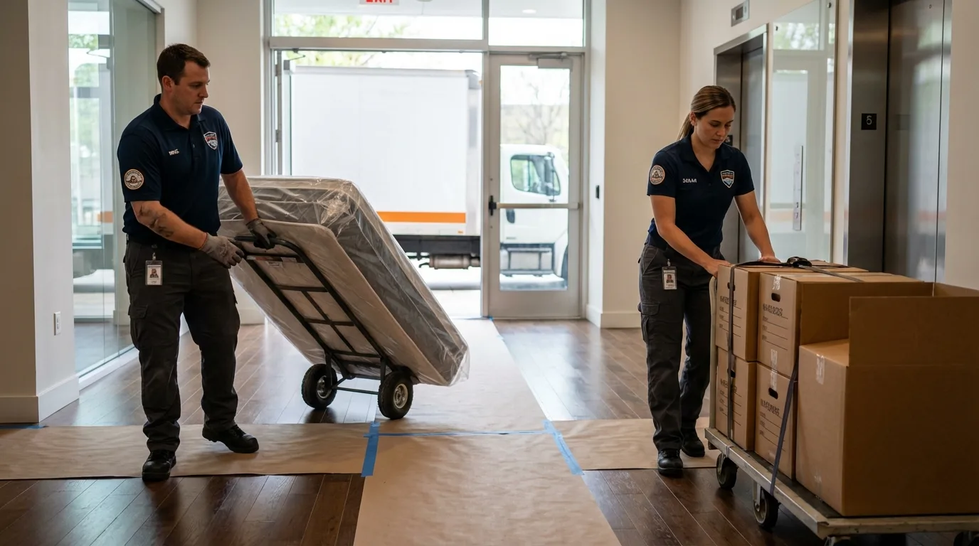 Professional apartment movers loading elevator in Pontotoc, MS