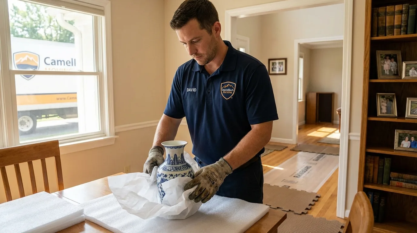 Professional crew carefully wrapping antique vase for senior downsizing move in Pontotoc, MS